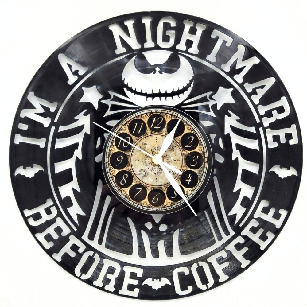 I'M A NIGHTMARE BEFORE COFFEE vinyl record clock